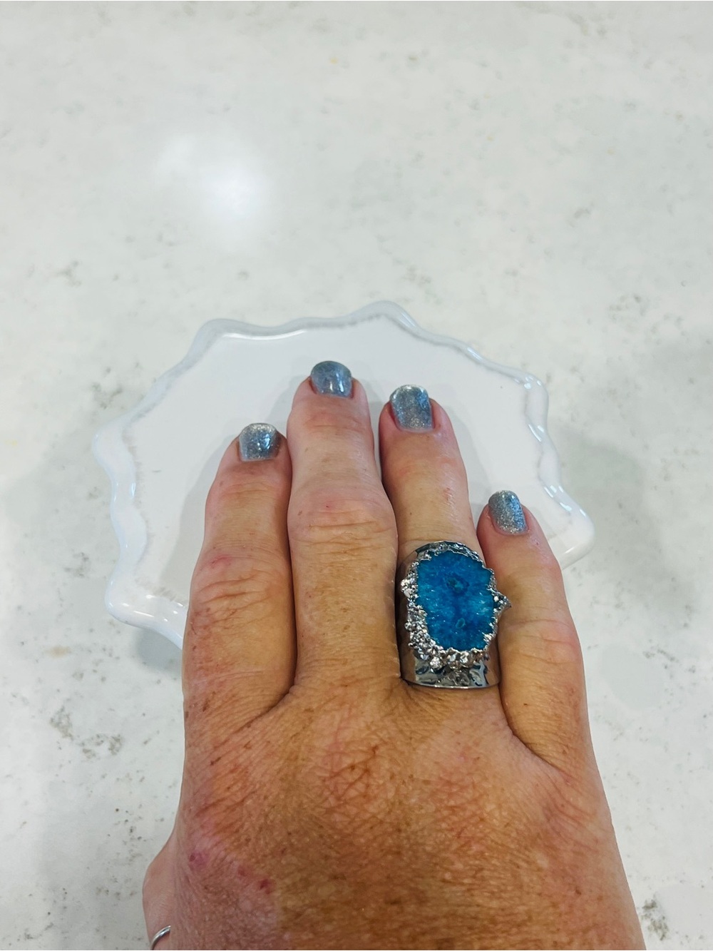 Stainless Hammered Ring with Blue Agate Stone
